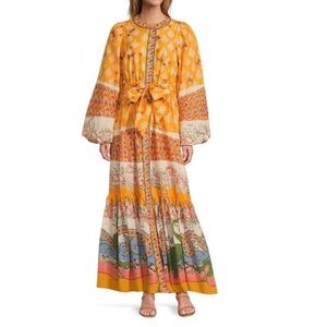 A Loves A Border Print Mandarin Collar Balloon Sleeve Flounce Maxi Dress - Small